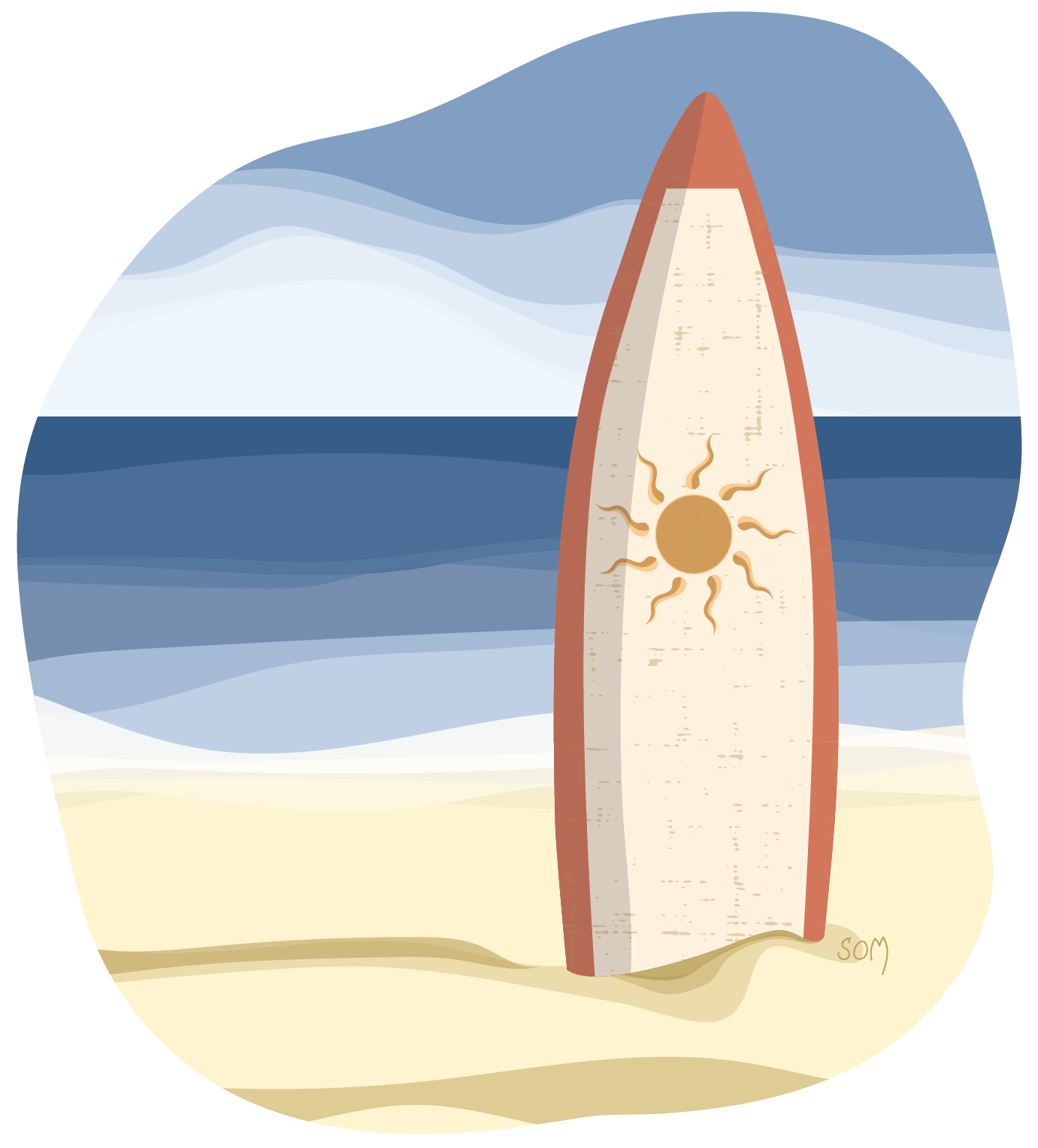 Digital illustration of a surfboard on a beach